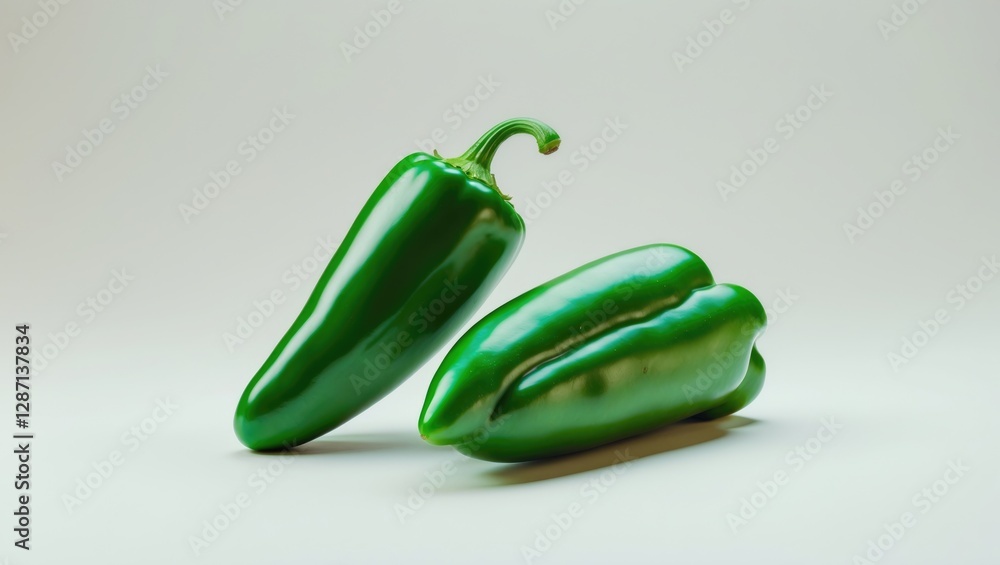 Poster Fresh green capsicums displaying vibrant color and crisp texture on a neutral background ideal for healthy eating and cooking themes.