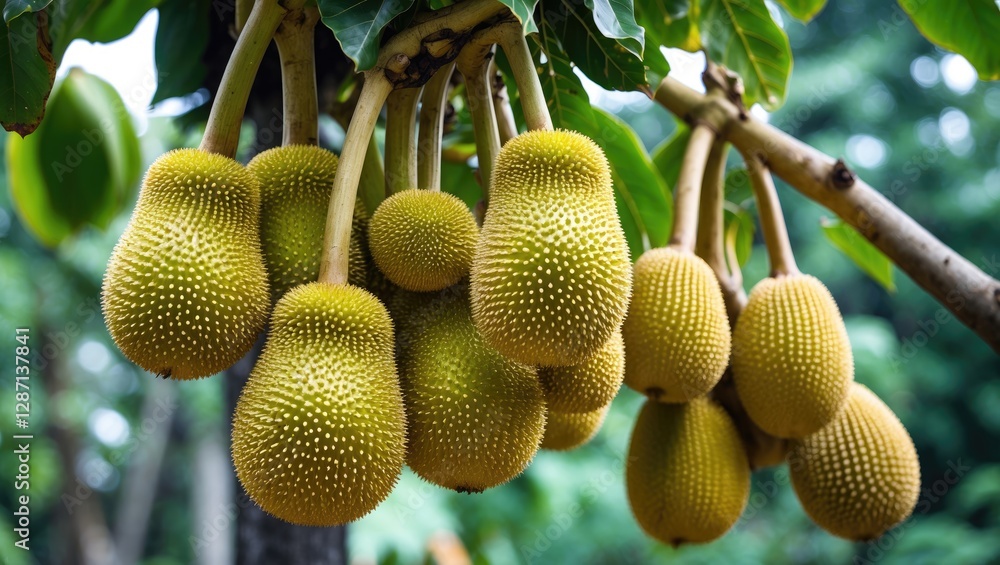 Aufkleber cluster of ripe jackfruit hanging from tree branches surrounded by lush green foliage in a tropical 