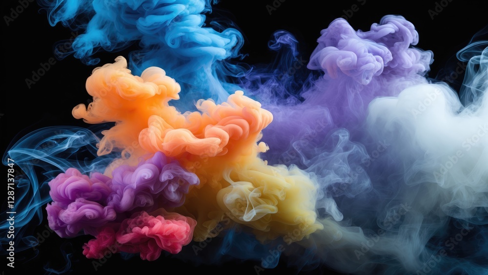 Poster Vibrant surreal smoke clouds in a spectrum of colors against a black background creating a dramatic and artistic visual effect