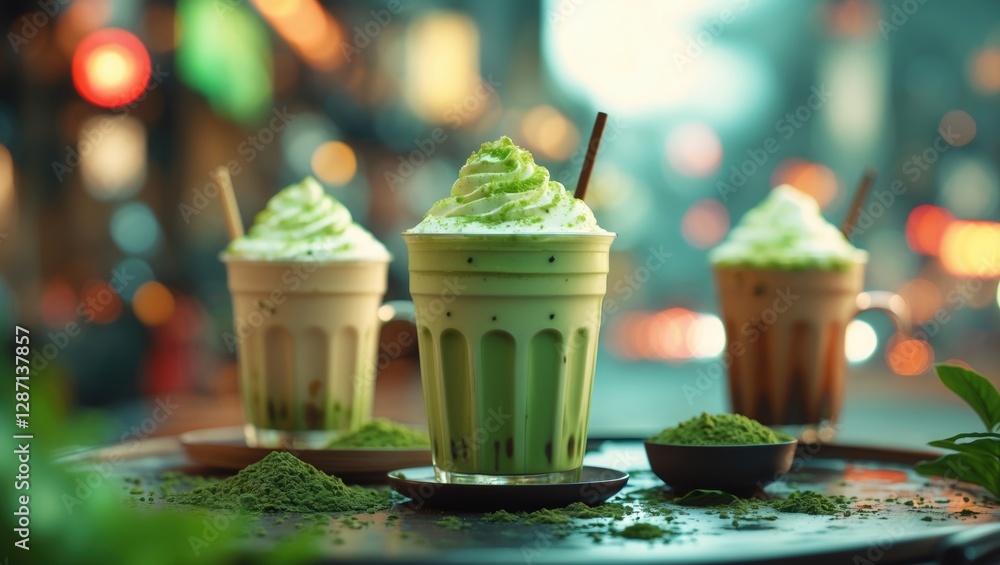 Poster iced matcha latte trio with whipped cream and vibrant blur background in a cafã© setting