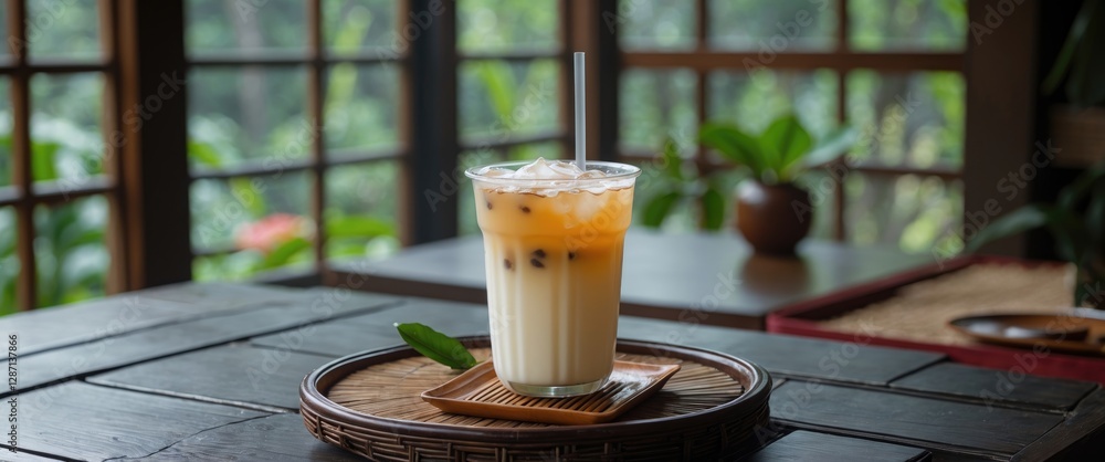 Aufkleber Refreshing Ice Milk Tea in a Traditional Setting with Empty Space for Text and Natural Background Elements