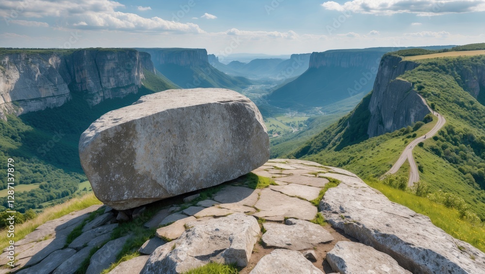 Poster Majestic View of a Large Boulder Overlooking a Stunning Valley and Hillside Landscape with Empty Space for Text Insertions