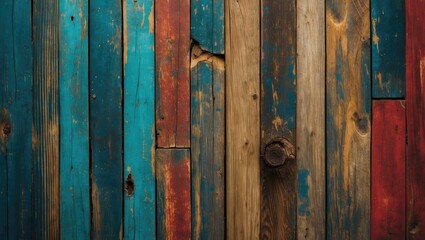 Colorful distressed wooden planks with fine texture in blue, red and brown shades ideal for rustic and vintage design backgrounds.