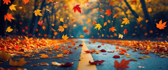 Scenic autumn road with vibrant falling leaves illuminated by warm sunlight creating a picturesque seasonal atmosphere.