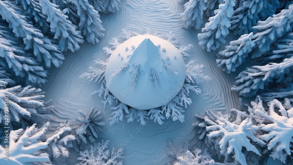 Aufkleber high angle view of pristine snow-covered landscape with intricate textures and surrounding trees in 