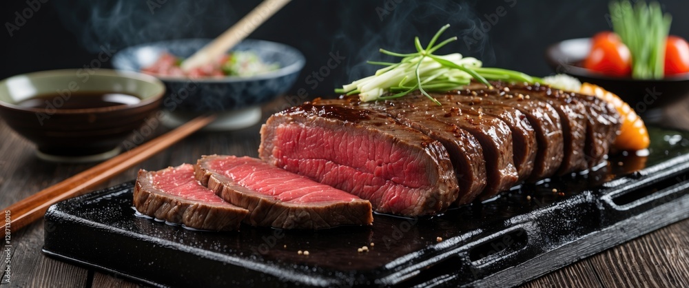 Poster grilled japanese beef slices on hot stone with fresh green onions and accompaniments for culinary pr
