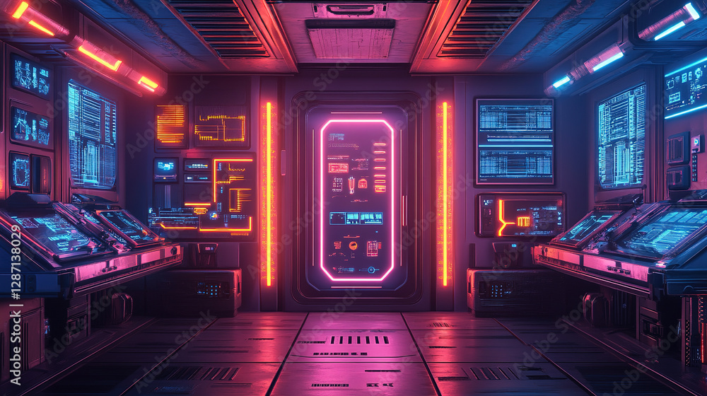Poster futuristic control room sci-fi setting digital interface neon environment wide angle advanced techno