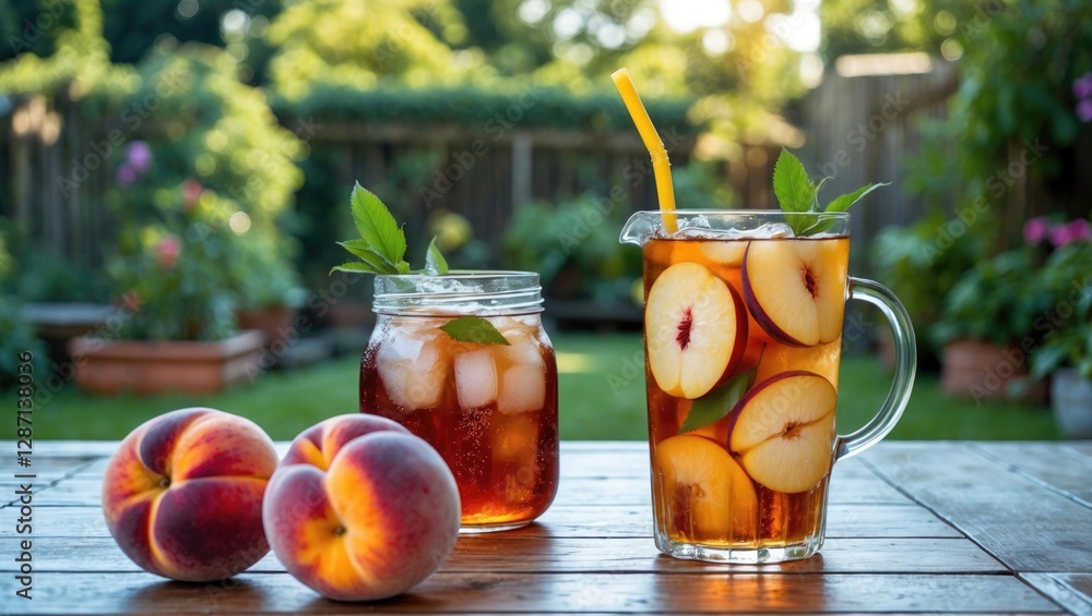 Aufkleber Refreshing Iced Tea with Peach Slices and Mint in a Garden Setting with Seasonal Fruits and Space for Custom Text