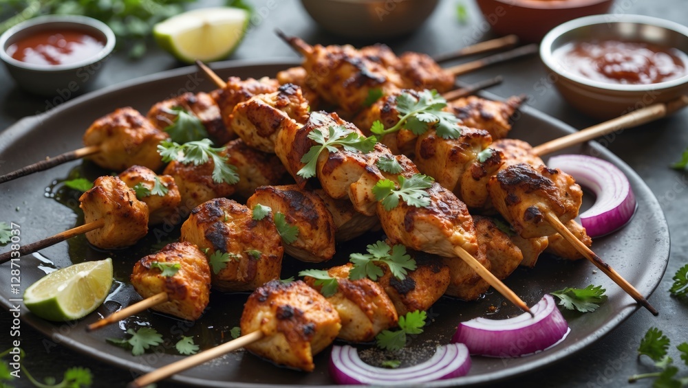 Poster delicious chicken tikka kebabs marinated in spices served with fresh chutney lemon and onion garnish