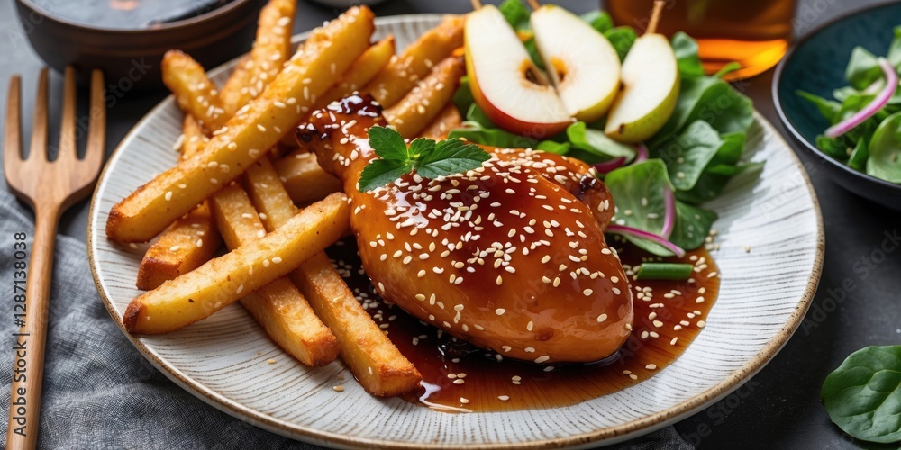 Poster Honey Soy Glazed Chicken with Sesame Fries and Fresh Pear Salad on Plate with Empty Space for Text and Garnish in Elegant Setting