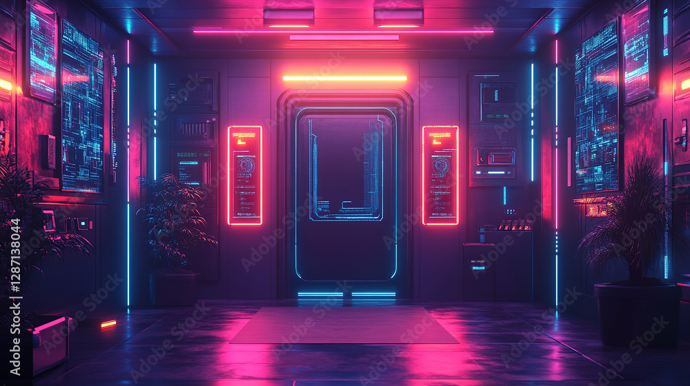 Poster futuristic neon corridor exploration sci-fi setting digital art high-tech environment immersive view