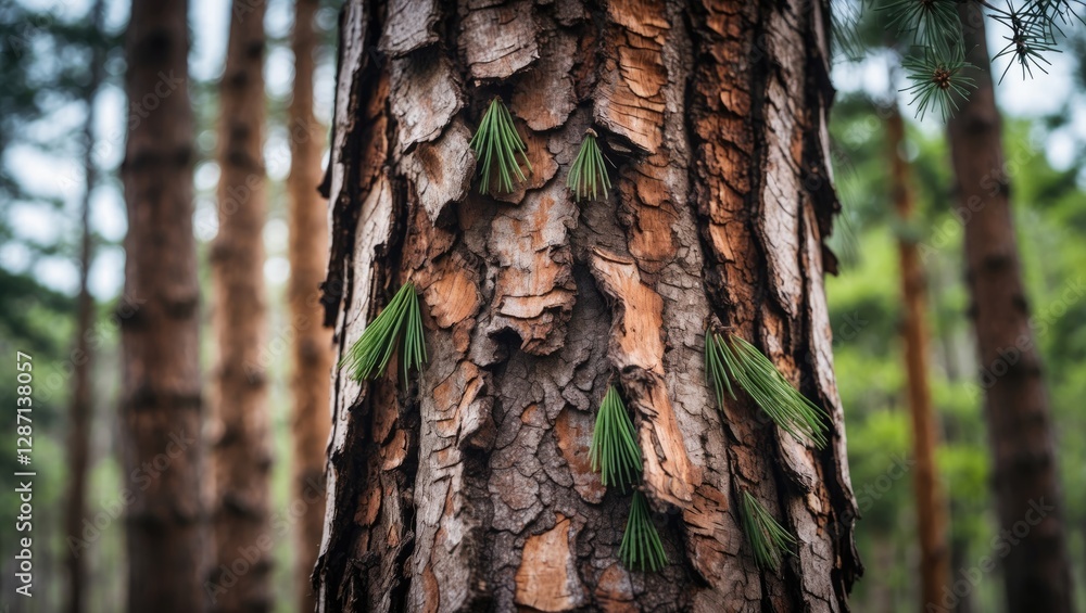 Aufkleber close-up of a textured pine tree bark with green needles in a vibrant forest setting showcasing natu
