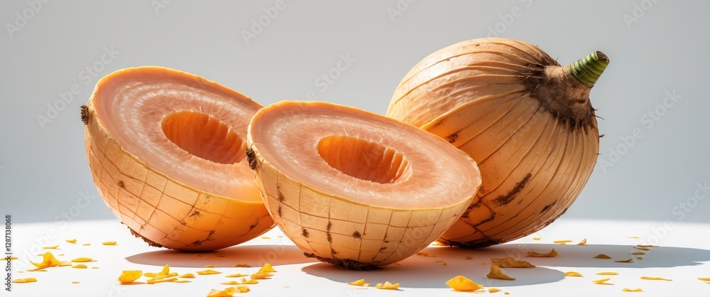 Poster sliced jicama or mexican yam showcasing its unique texture and color against a clean white backgroun
