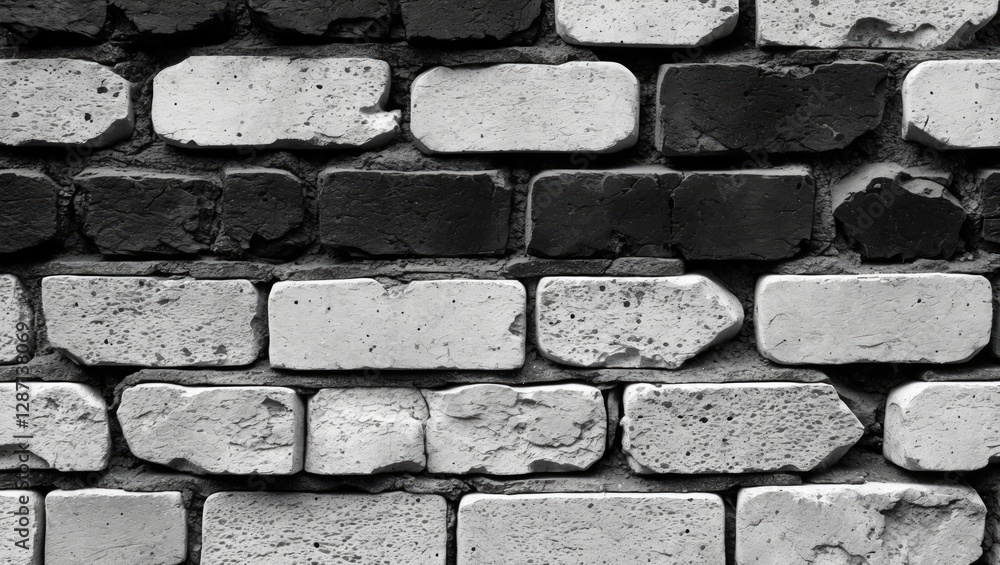 Poster Black and white brick wall texture with vintage pattern highlighting the contrast and uniqueness of stone structure for background design.