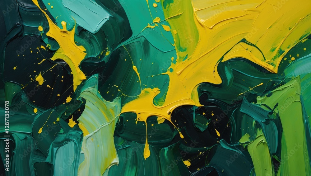 Poster Vibrant abstract art texture in green and yellow tones with dynamic brushstrokes and paint splashes showcasing modern artistic expression.