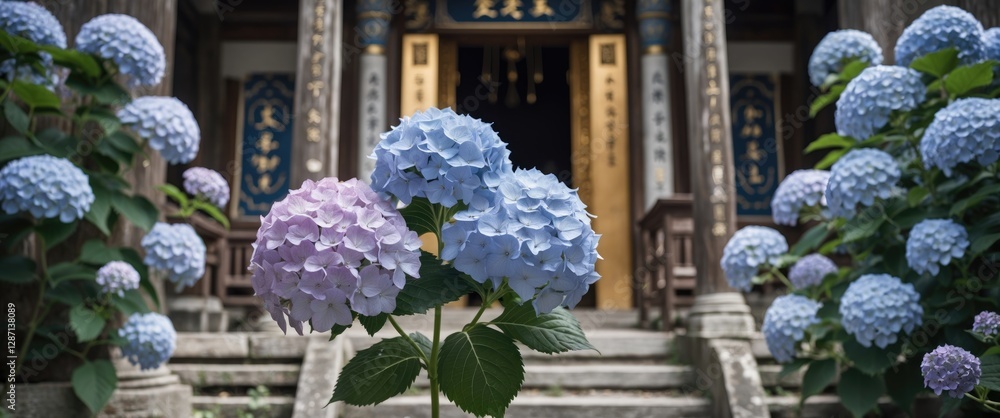 Poster Hydrangeas Blooming in Serene Temple Setting with Abundant Copy Space for Custom Text