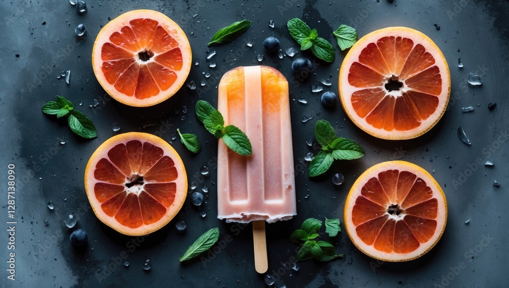 Poster refreshing grapefruit popsicle garnished with mint and ripe grapefruit slices on a dark background p