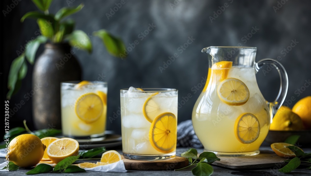 Poster refreshing homemade lemonade served in a jug with garnishes and ice on a dark background for summer 