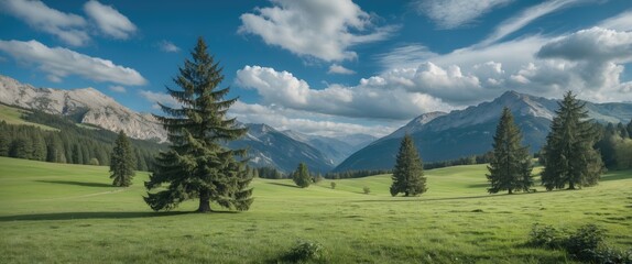 Serene Landscape with Verdant Meadows, Towering Fir Trees, Majestic Mountains, and a Clear Blue Sky Adorned with White Clouds.