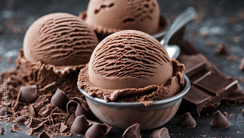 Aufkleber Rich Chocolate Ice Cream Scoops with Tempting Texture and Chocolate Chunks on Dark Background