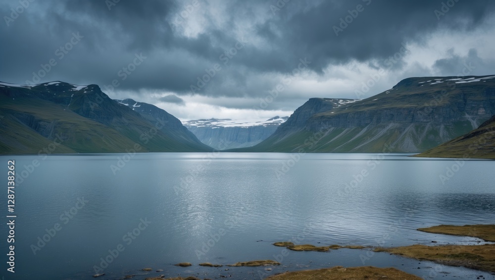 Aufkleber serene arctic lake in remote valley under dramatic cloudy sky with copy space for text and mountains