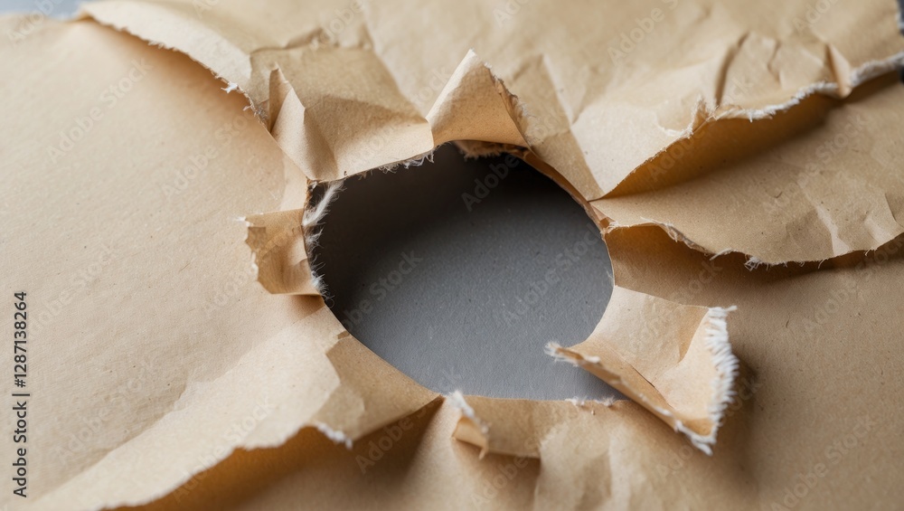Fototapete Torn paper with a circular hole showcasing texture and detail, ideal for backgrounds or creative design projects.