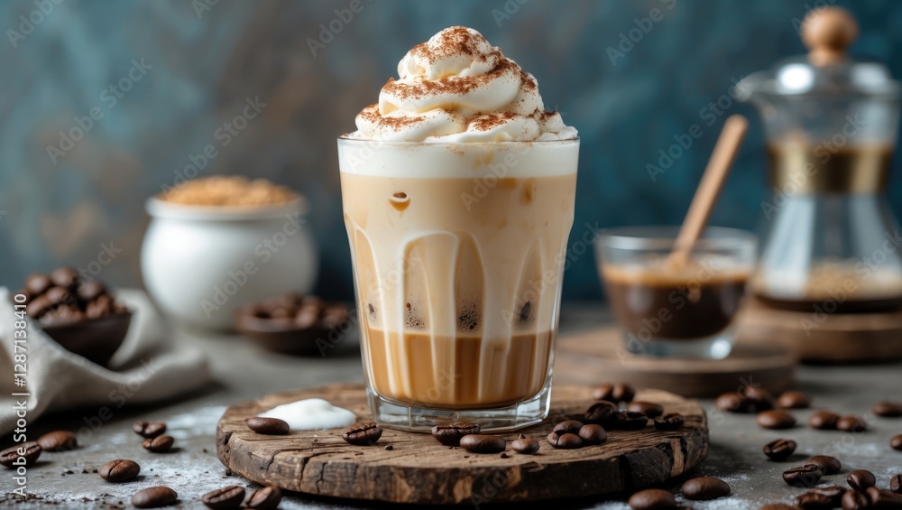 Poster iced coffee with cream topped whipped cream served in glass on rustic wooden board surrounded by cof