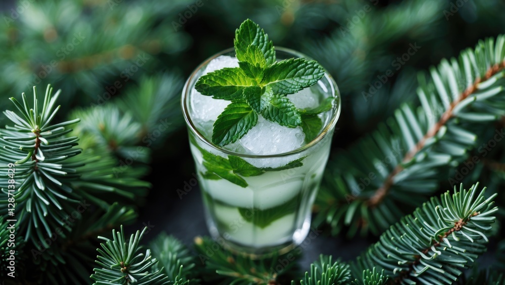 Aufkleber refreshing mint julep cocktail with juniper leaves and ice surrounded by coniferous branches in a bl