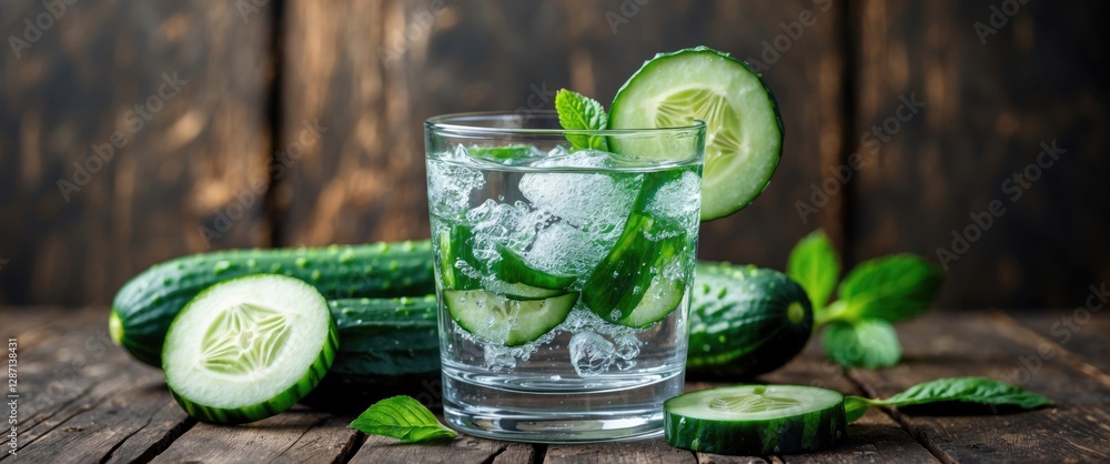 Poster refreshing cucumber-infused water in a glass on a rustic wooden table with fresh mint leaves and sli