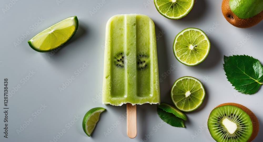 Poster Refreshing Kiwi Lime Popsicle Surrounded By Fresh Fruit Slices And Green Leaves On Gray Background With Space For Text