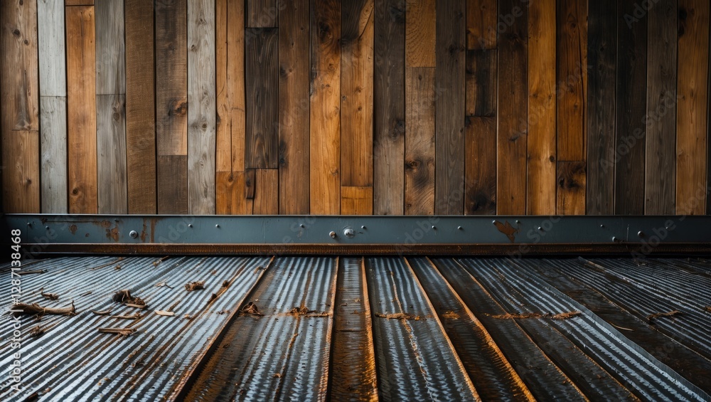 Poster interior metal floor with textured surface against a rustic wooden wall, creating a unique and indus