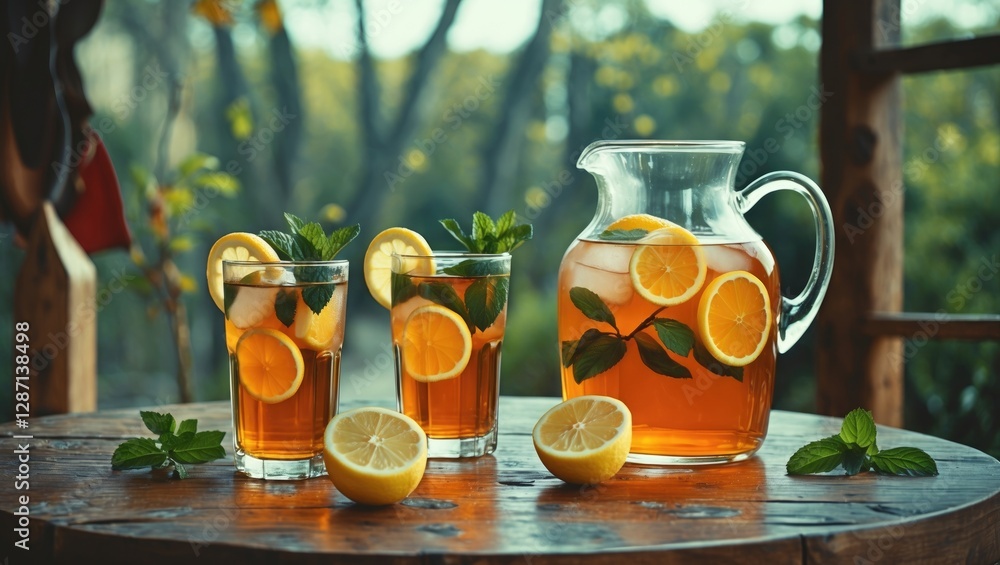 Poster refreshing iced tea in pitcher and glasses with lemon and mint on wooden table, set against a natura