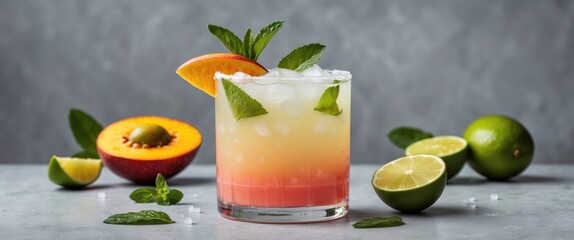 Refreshing Mango Passionfruit Margarita with Mint and Lime Garnish on Gray Background Ideal for Tropical Summer Parties and Events