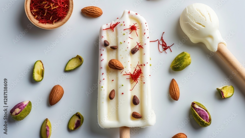 Poster saffron and nut ice cream bar with almonds and pistachios garnished on white surface