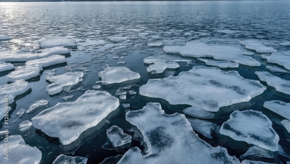 Aufkleber ice formations on a tranquil lake reflecting light with scattered frozen pieces creating a serene wi