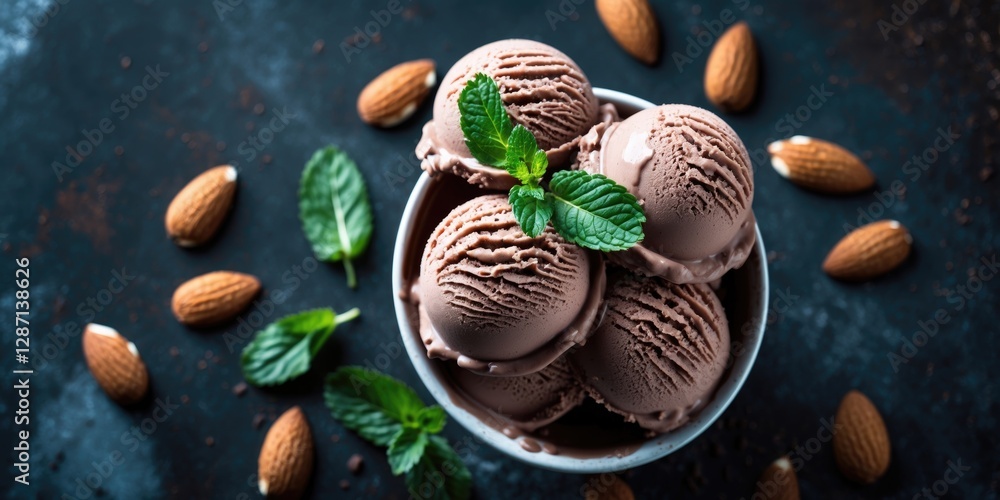Poster homemade chocolate ice cream scoops garnished with fresh mint and almonds on a dark background with 