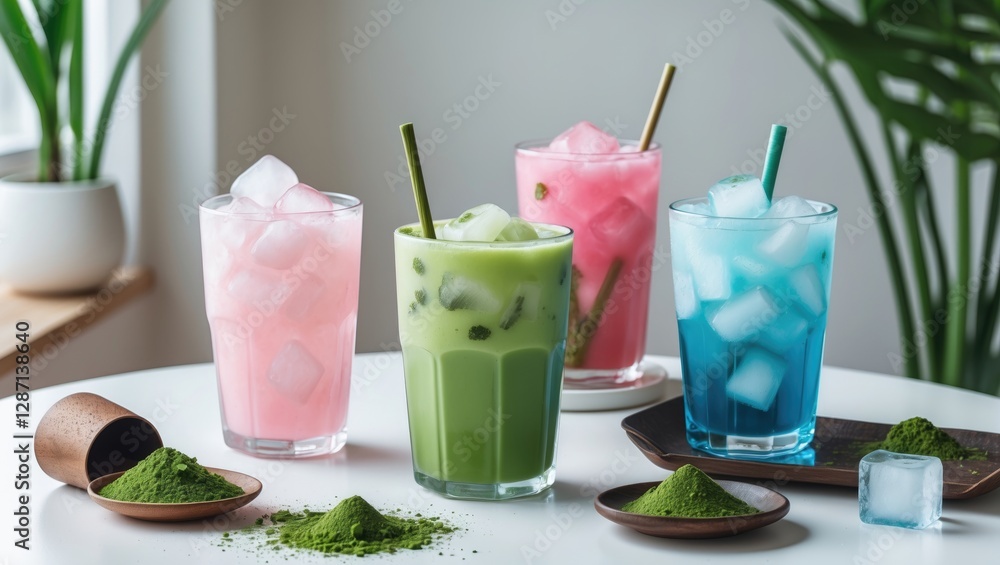 Poster refreshing japanese matcha iced tea and colorful beverages with ice cubes on a white table surrounde