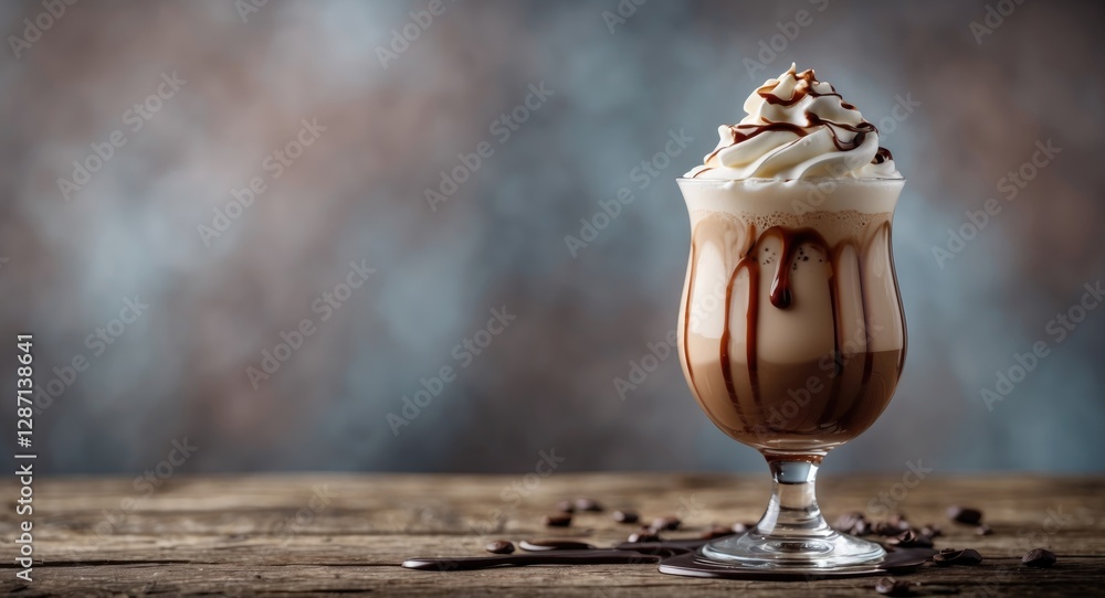 Poster iced mocha coffee with whipped cream and chocolate syrup in a wine glass on a wooden table with blur