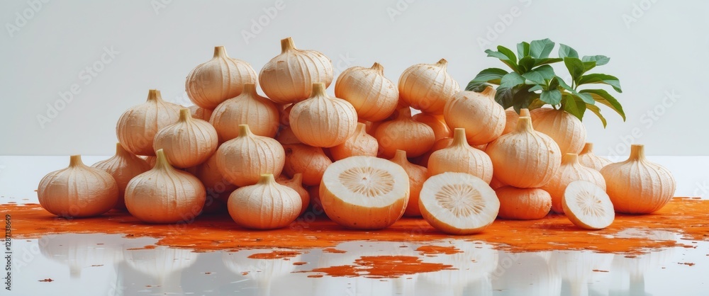 Poster fresh jicama roots arranged on a white background with slices revealing the inside and vibrant orang