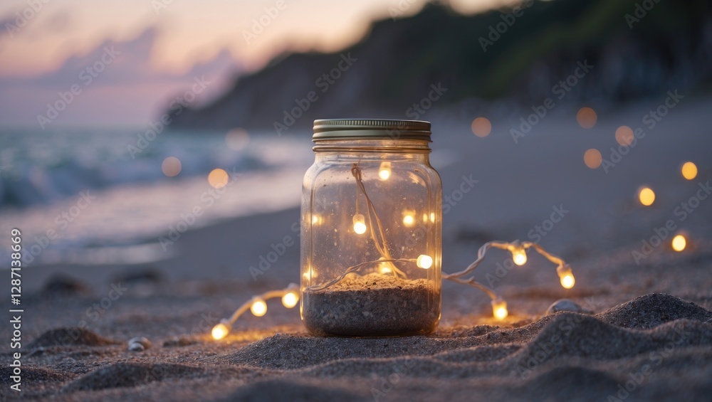 Aufkleber Glowing Jar with Fairy Lights on Serene Beach at Sunset Creating a Dreamy Atmosphere in Soft Focus