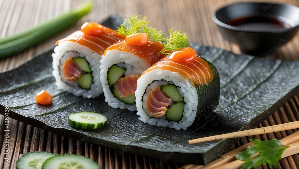 Poster sushi roll platter with eel cucumber and masago garnished with herbs on a decorative leaf plate with