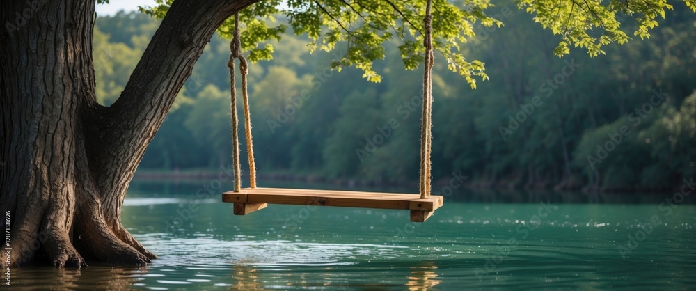 Poster tranquil wooden swing hanging from tree over calm water with lush greenery and clear space for perso