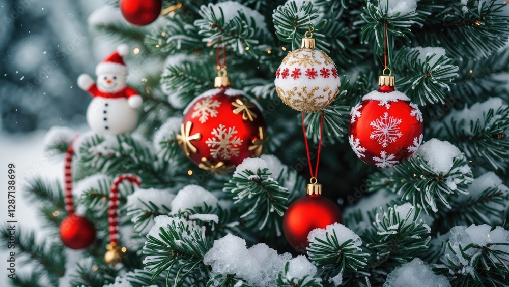 Poster christmas tree with colorful ornaments and snow, creating a festive winter atmosphere. perfect for h