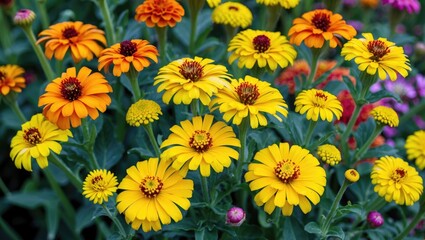 Fototapeta premium Vibrant bouquet of yellow and orange Zinnia flowers in a lush garden setting showcasing their beauty and elegance in nature.