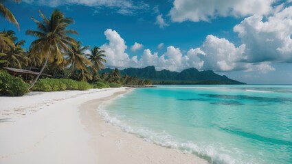 Naklejka premium Tropical Beach Paradise with White Sands Azure Waters Lush Palm Trees and Scenic Mountains Under Clear Blue Sky