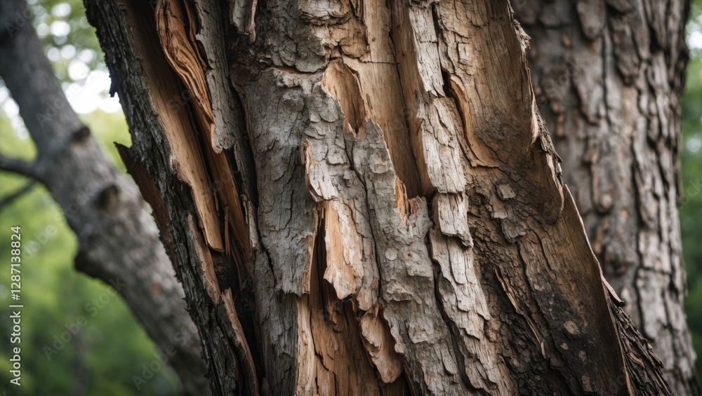 Leinwandbilder Textured close-up of aged tree bark showcasing natural features and patterns in a forest setting with greenery in the background.