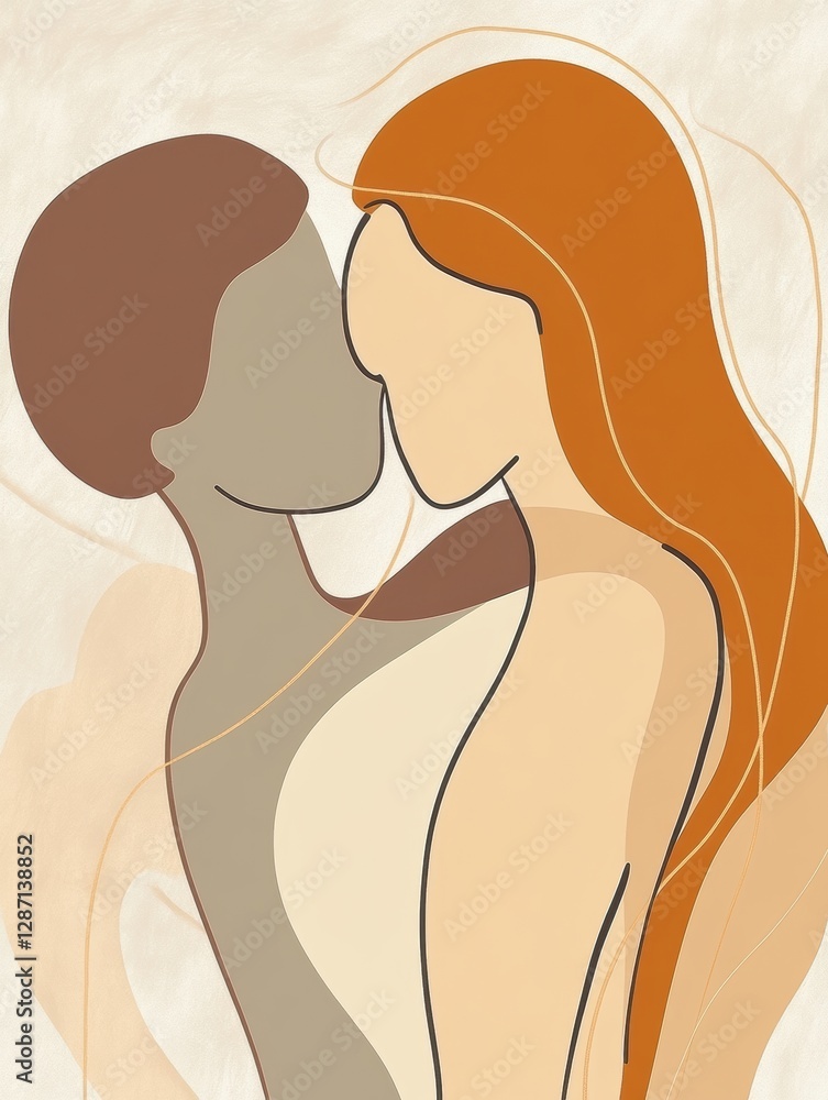 Poster two diverse figures embracing in a minimalist style with soft colors for an intimate connection. gen