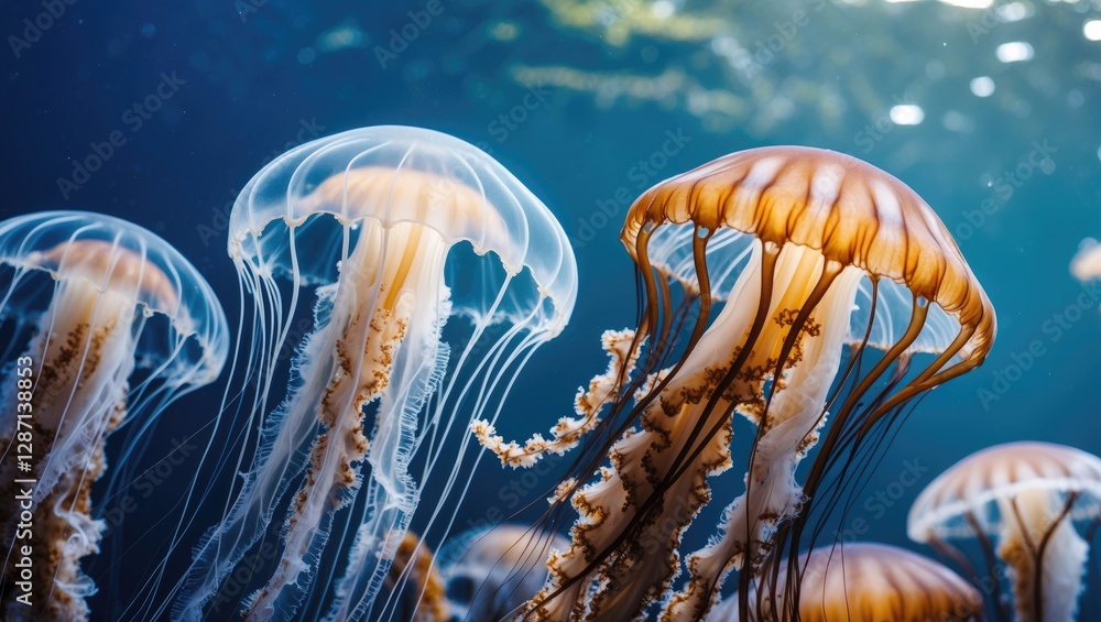 Aufkleber jellyfish underwater scene with soft lighting and copy space for text in blue ocean environment
