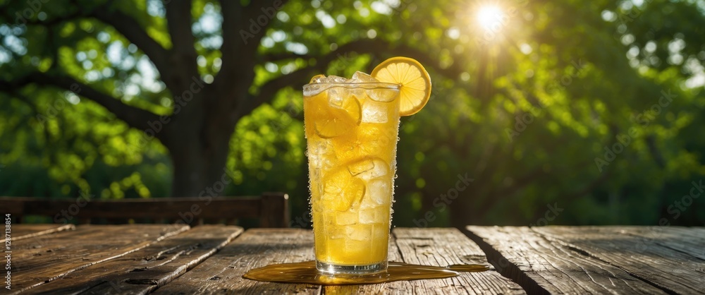 Aufkleber iced honey lemon soda refreshment with ice in glass on wooden table surrounded by green trees and su