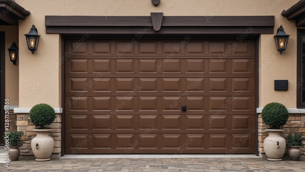 Poster Elegant brown garage door with textured pattern and decorative lanterns in a modern residential setting.